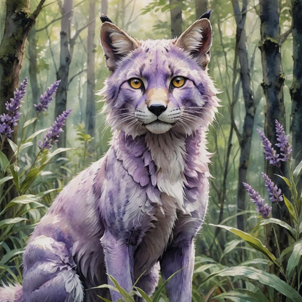 Lavender Panther-Fox Portrait in Watercolor Anime Style