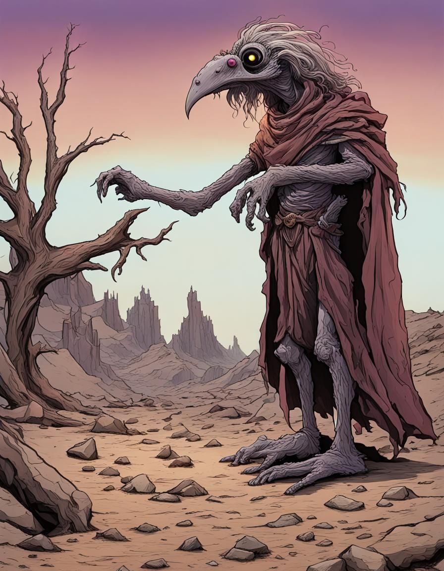 Skeksis in Barren Rocky Landscape with Dead Trees
