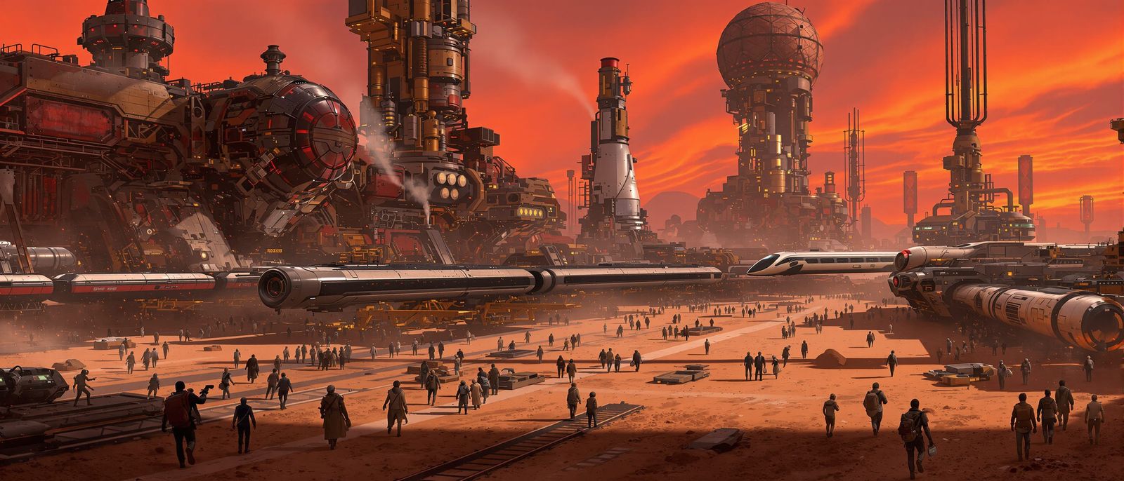 Bustling Mars Railway Station with Sci-Fi Trains