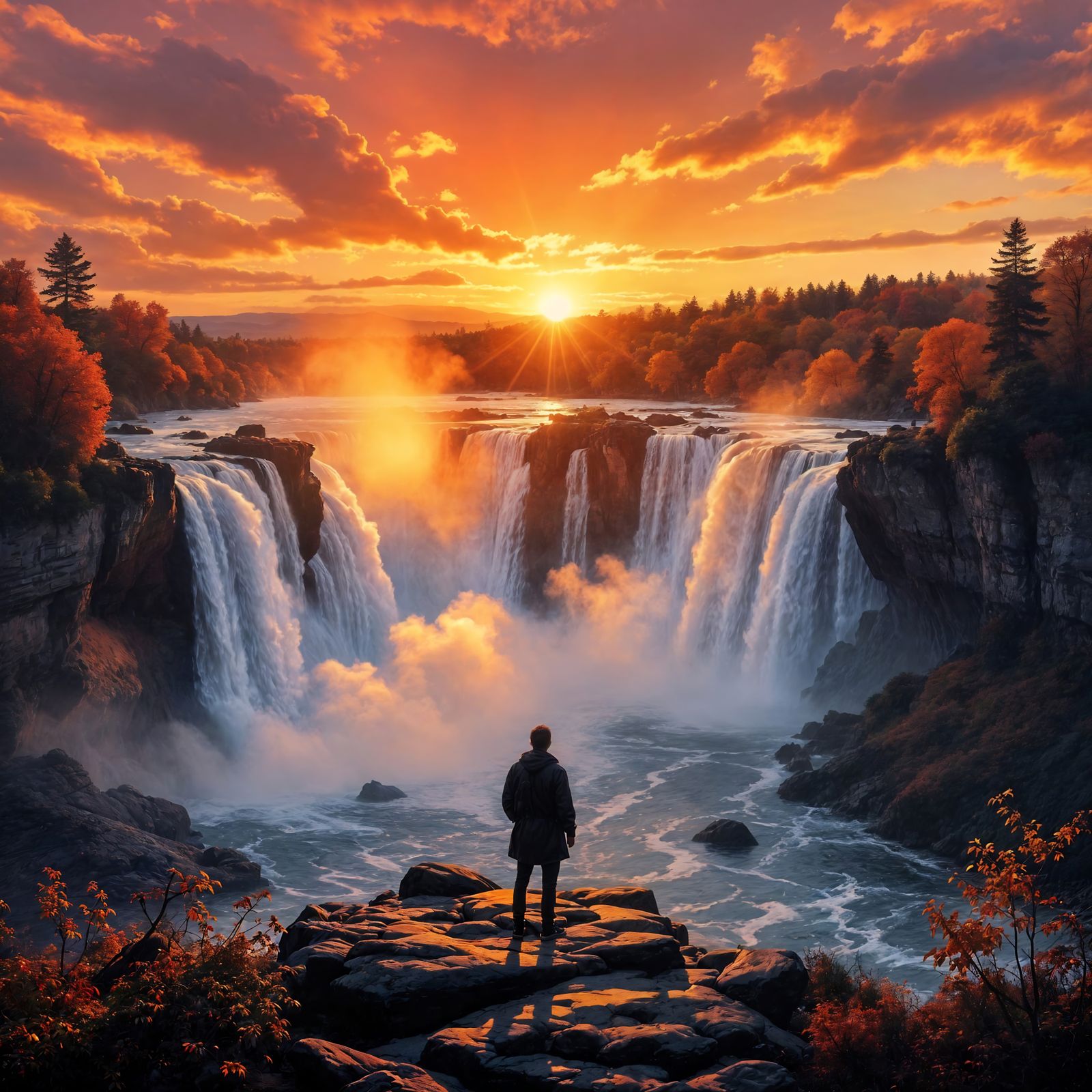 Autumn Waterfall Vista: Lone Figure Overlooking Fiery Landsc...