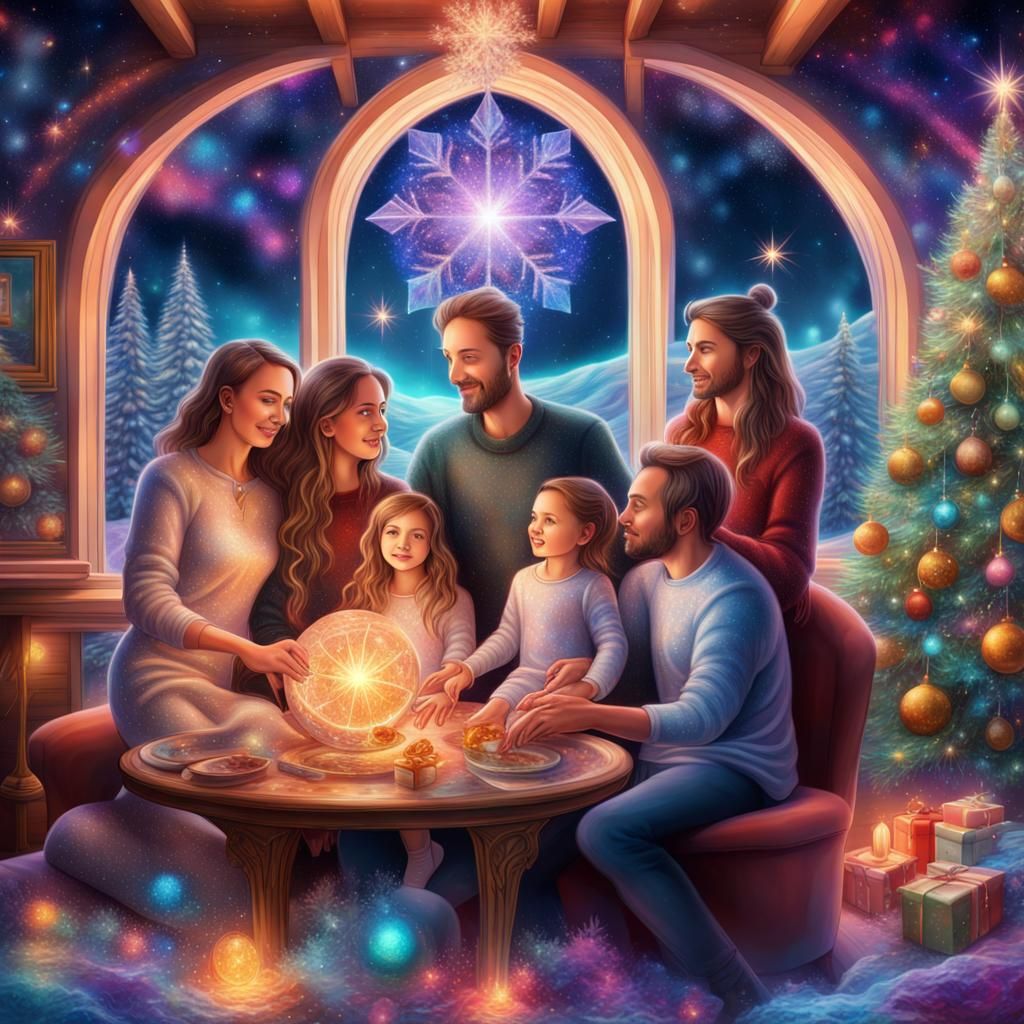 Family in Magical Christmas Home: Cosmic Illustration