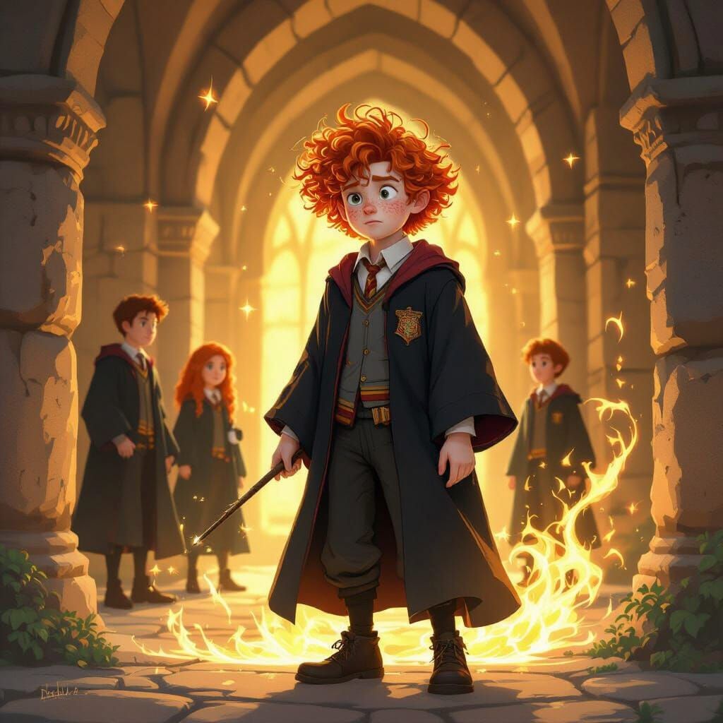 Anxious Young Wizard in Castle Corridors