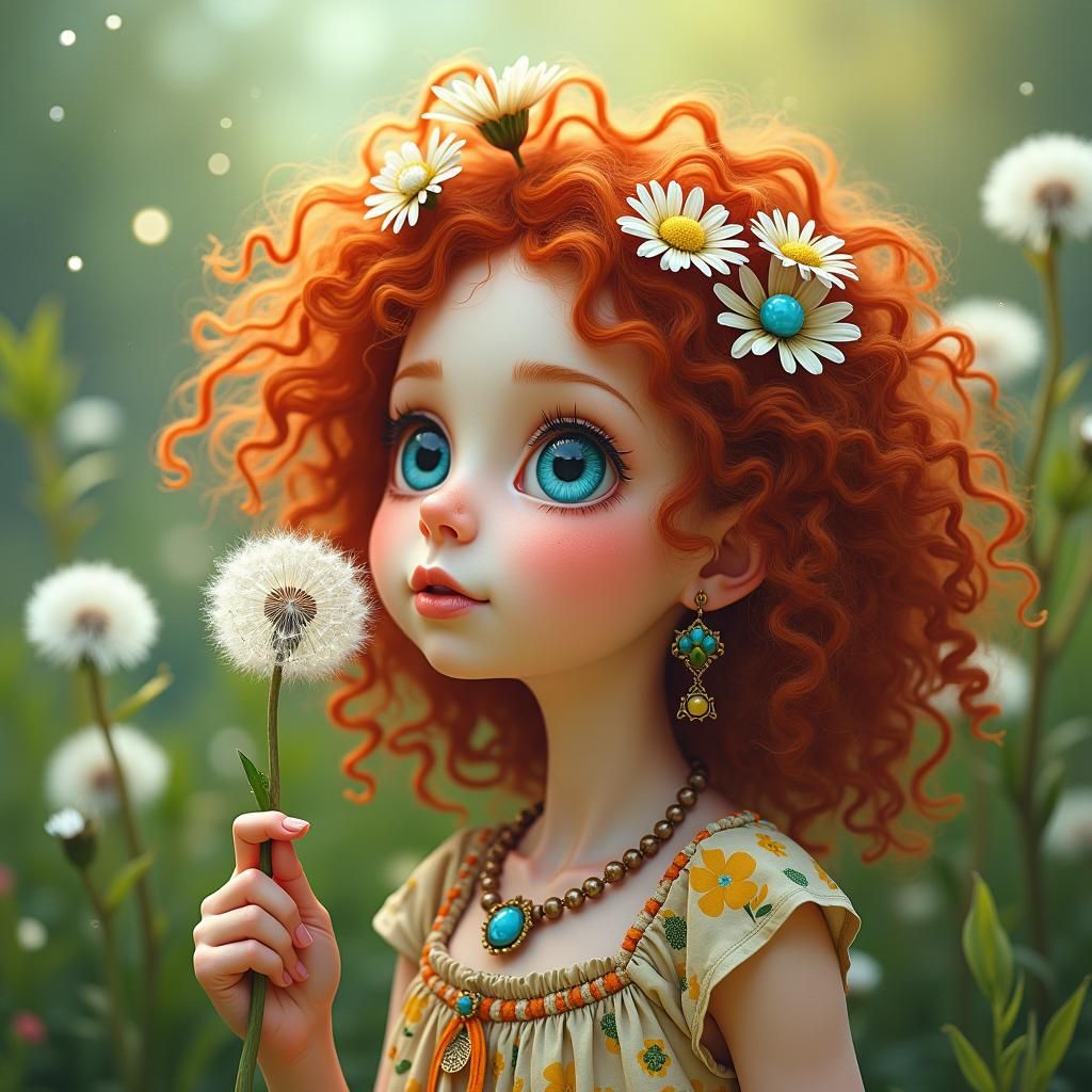 Red-Haired Girl Making Wish in Whimsical Garden
