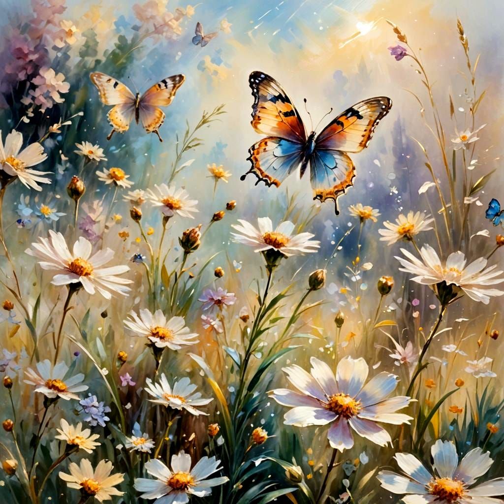 Sunlit Crystal Butterflies in a Flower Garden