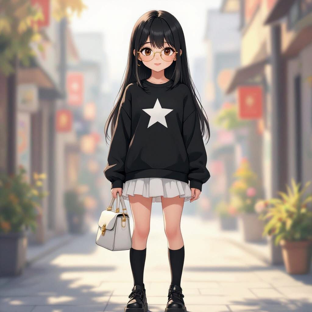 Realistic Anime Girl in Black Sweatshirt and Ruffled Skirt