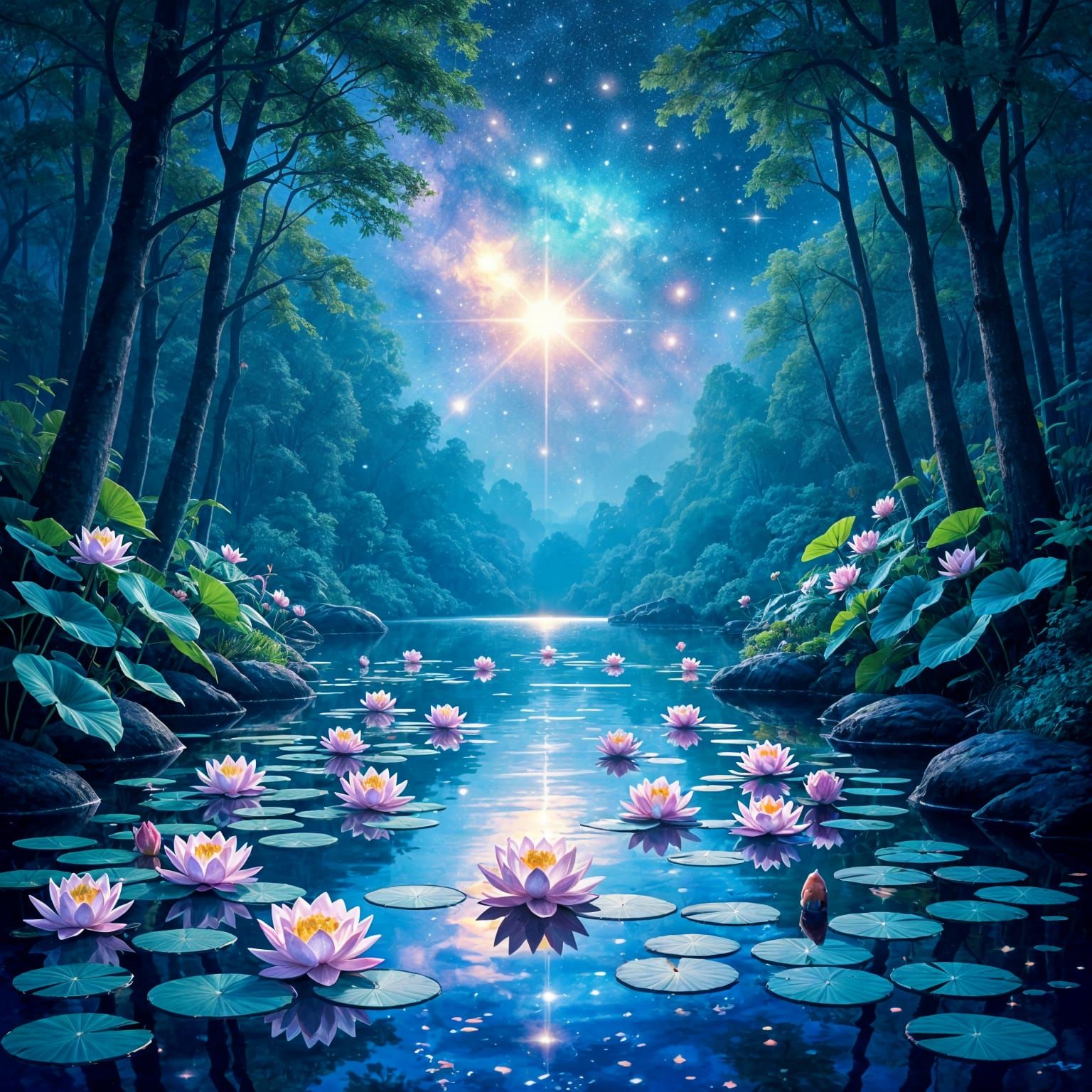Enchanted Koi Pond Reflecting Starry Sky: Digital Painting