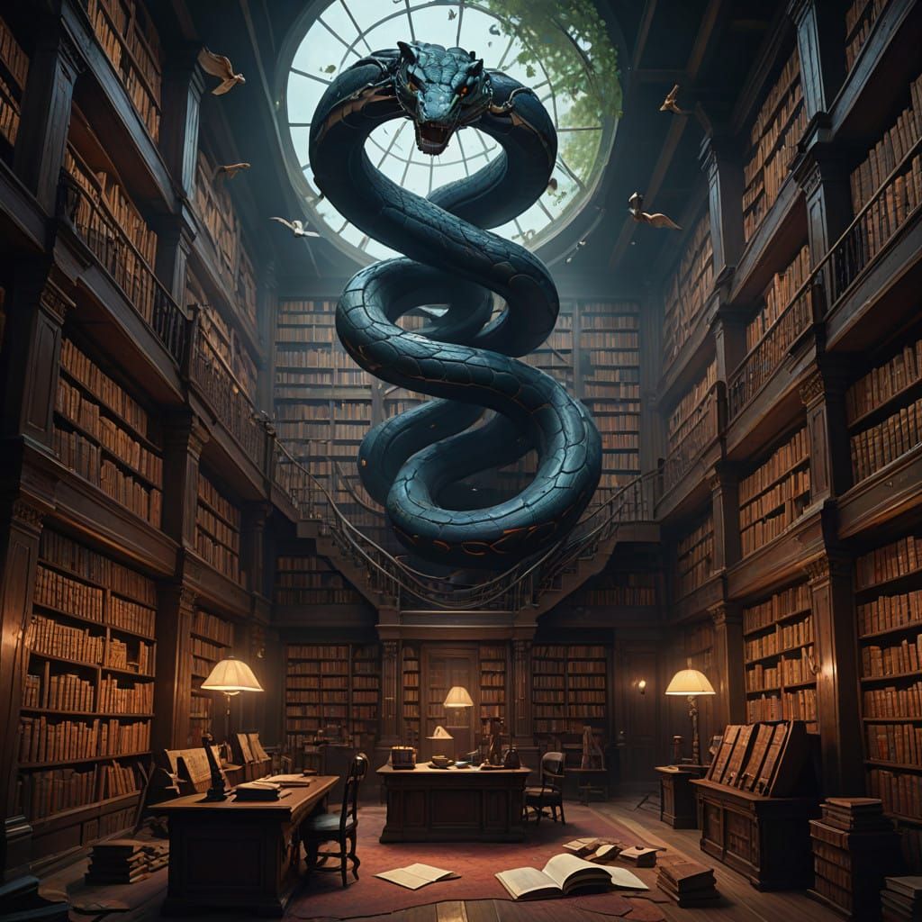 Fantastical Library in Whirlwind Chaos, Inspired by Atmosphe...