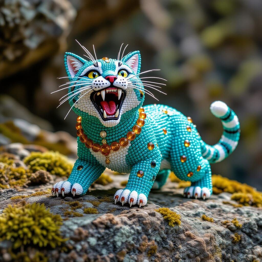 Beaded Saber-Toothed Cat Figurine in Expressionist Style