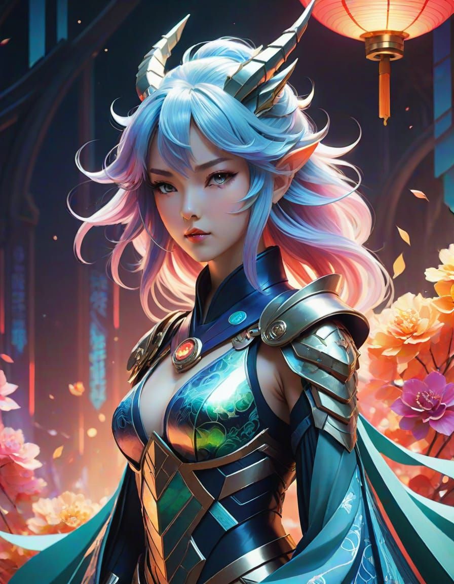 Majestic Dragonoid Woman in Vibrant Anime Style