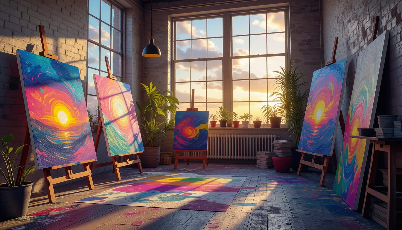 Vibrant Art Studio with Paint Splatters in Dramatic Light