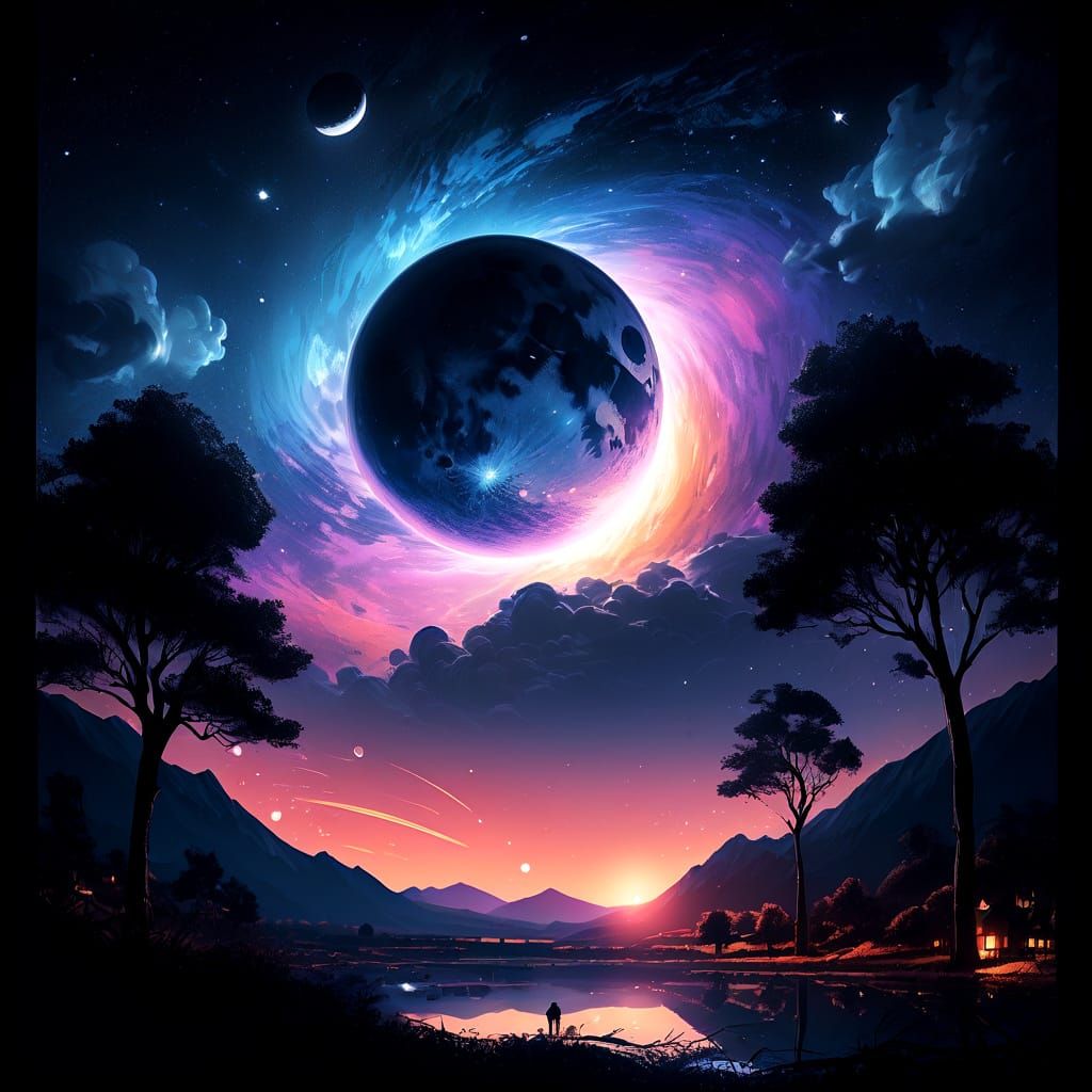 Lunar Node Eclipse in a Vibrant, Dreamy Night Sky