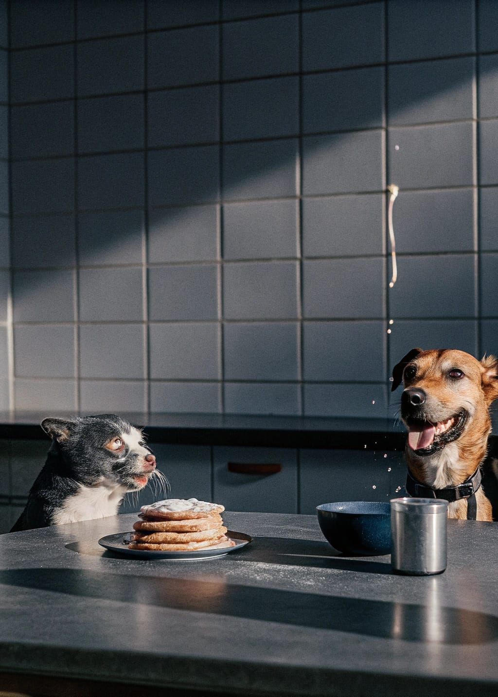 Joyful Pets Enjoy Pancake Feast in Vibrant Art Nouveau Style
