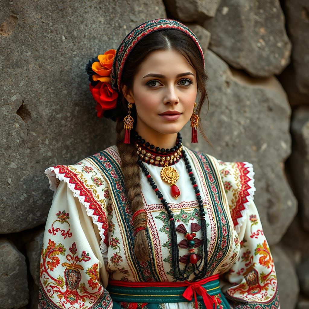 Bulgarian Folk Beauty in Traditional Pirin Region Costume