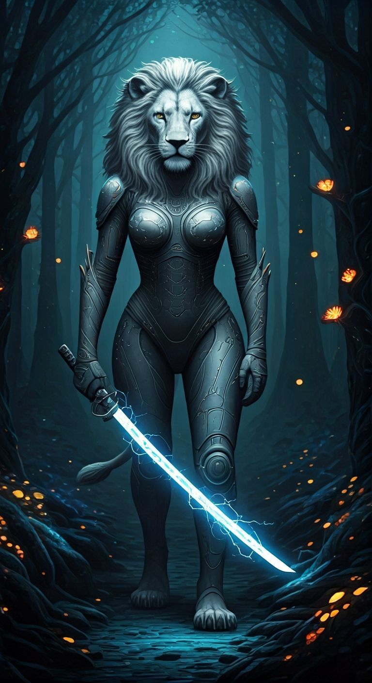 Lion-Woman Warrior in Bioluminescent Forest