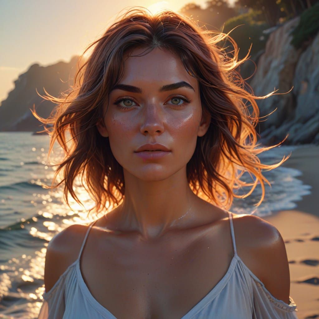 Ethereal Seaside Goddess in Sunset Hues
