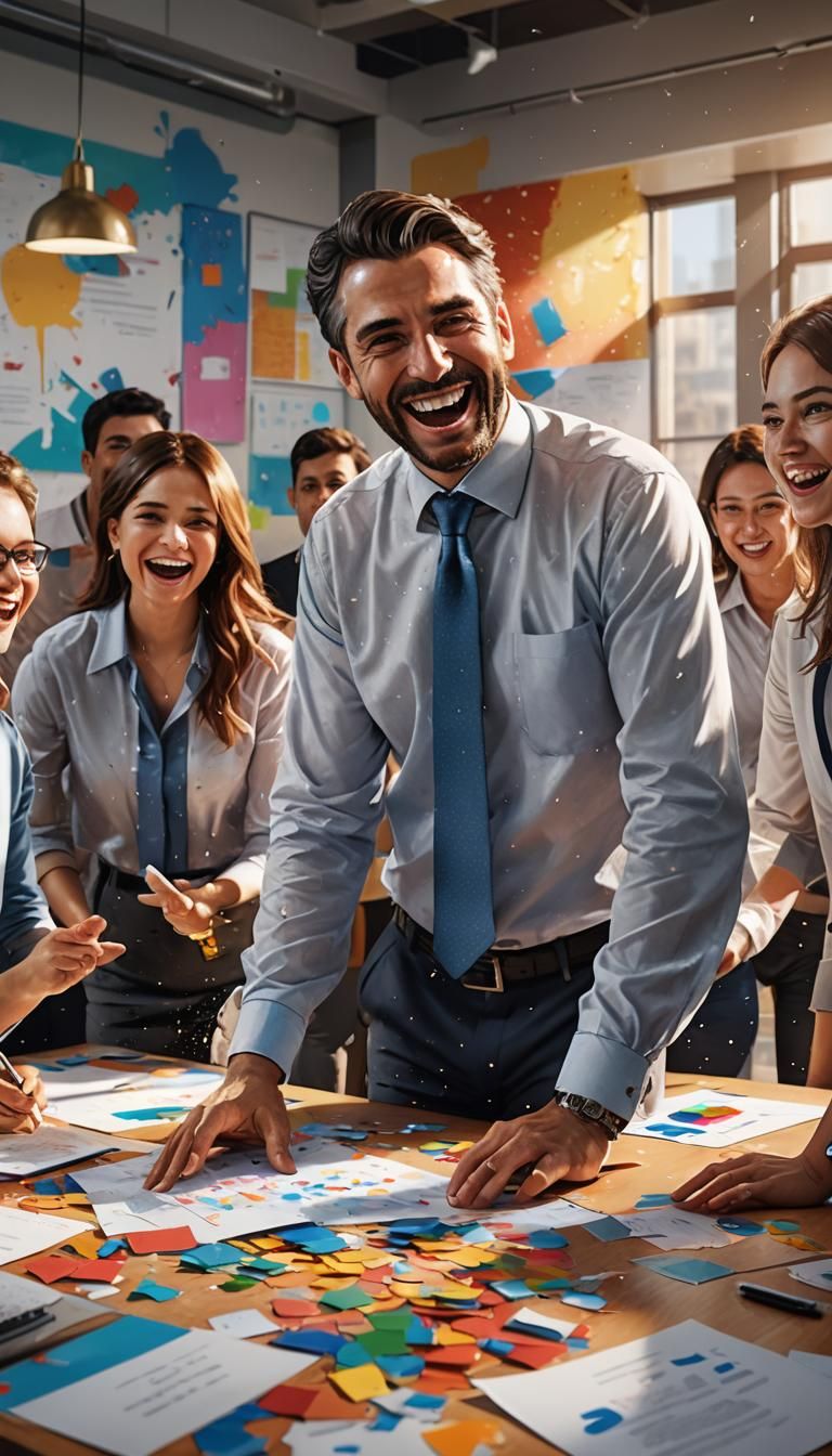 Happy Employees in Hyperrealistic Office Meeting