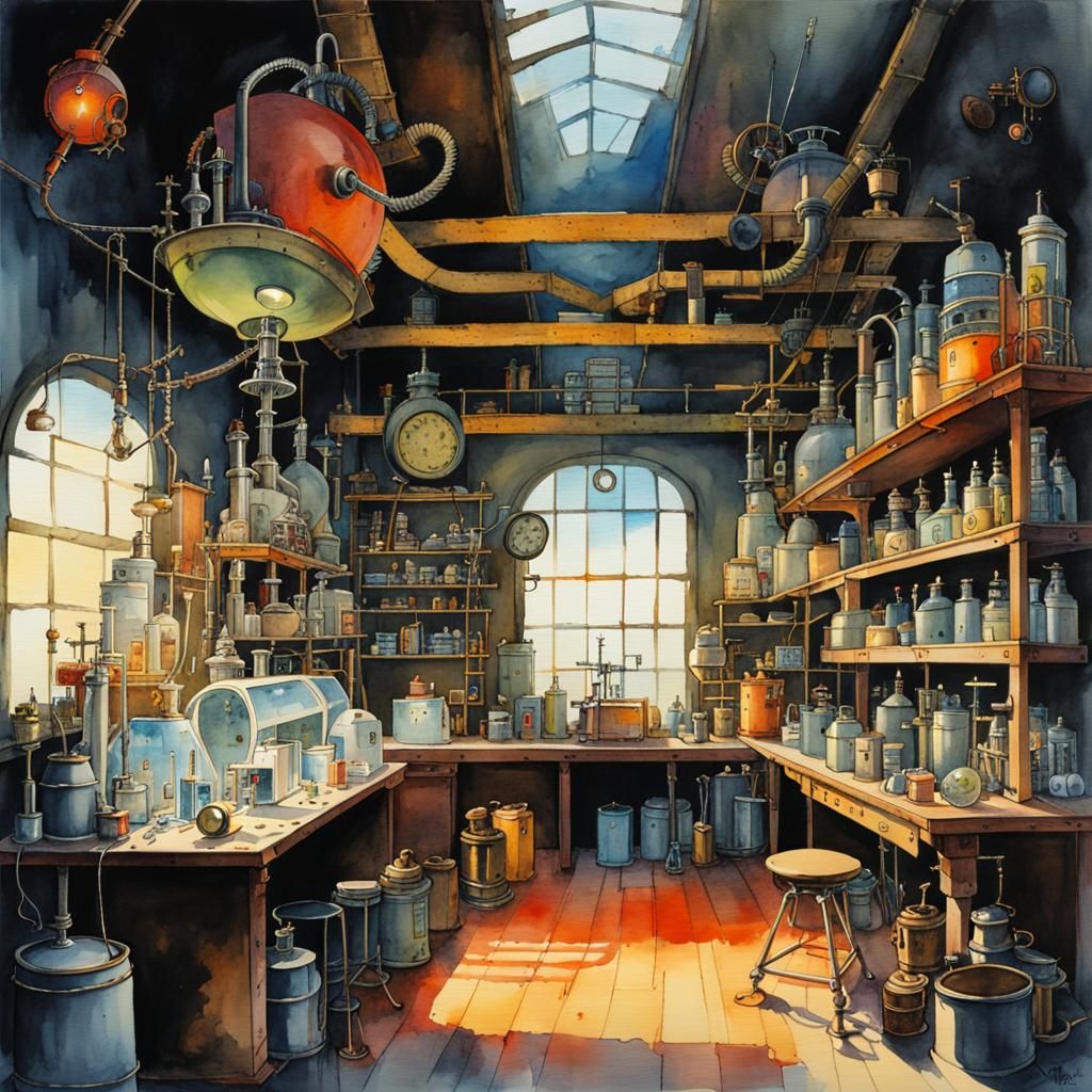 Post-Apocalyptic Mad Scientist in Steampunk Watercolor