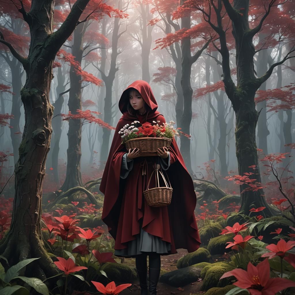 Girl in Red Cloak in Enchanted Forest: Anime 3D Art