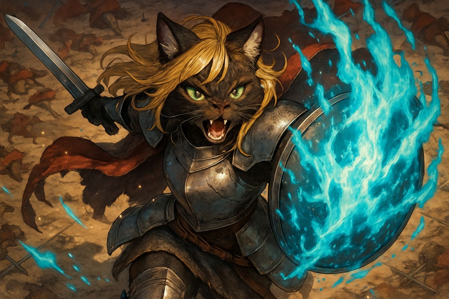 Furry Cat Knight Charges with Flaming Magic