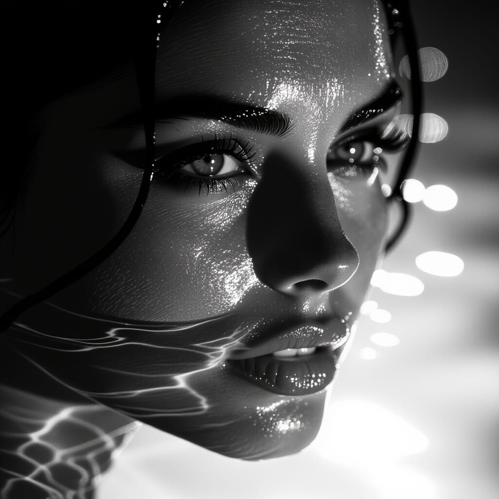 Dramatic Woman's Face Submerged in Water, Film Noir Style