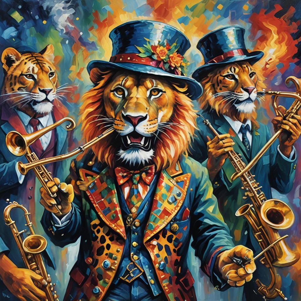 Lion Jazz Band in New Orleans, Expressionist Oil Painting