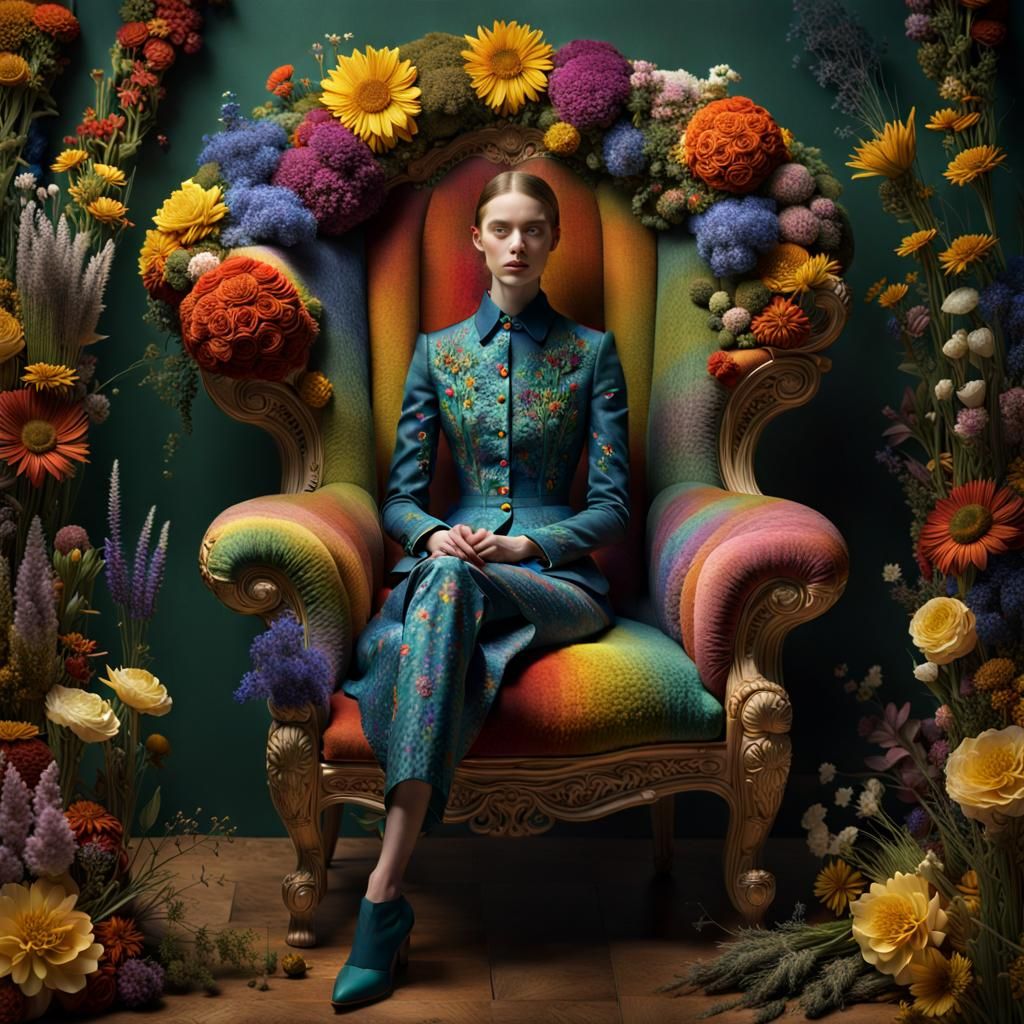 Model in Surreal Chair of Flowers and Herbs