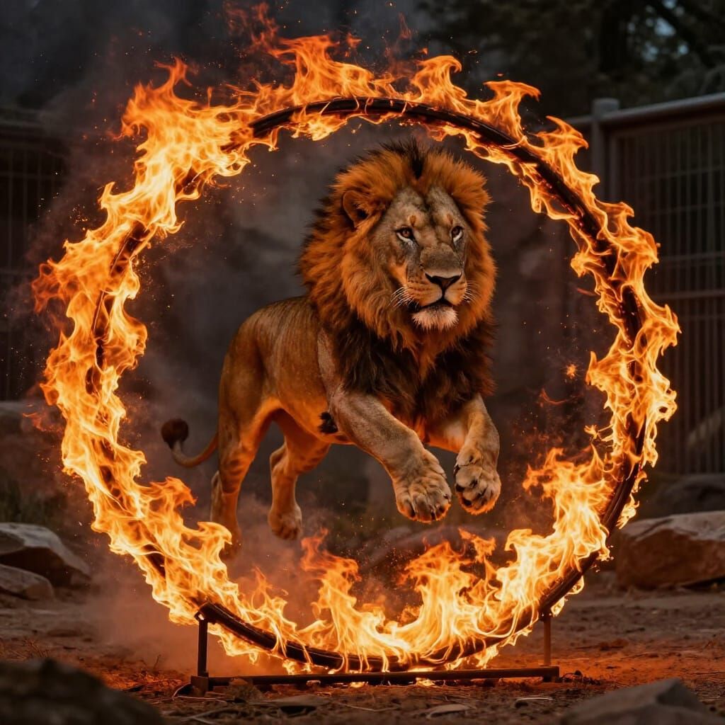 Lion Leaping Through Fire Ring in Zoo Enclosure