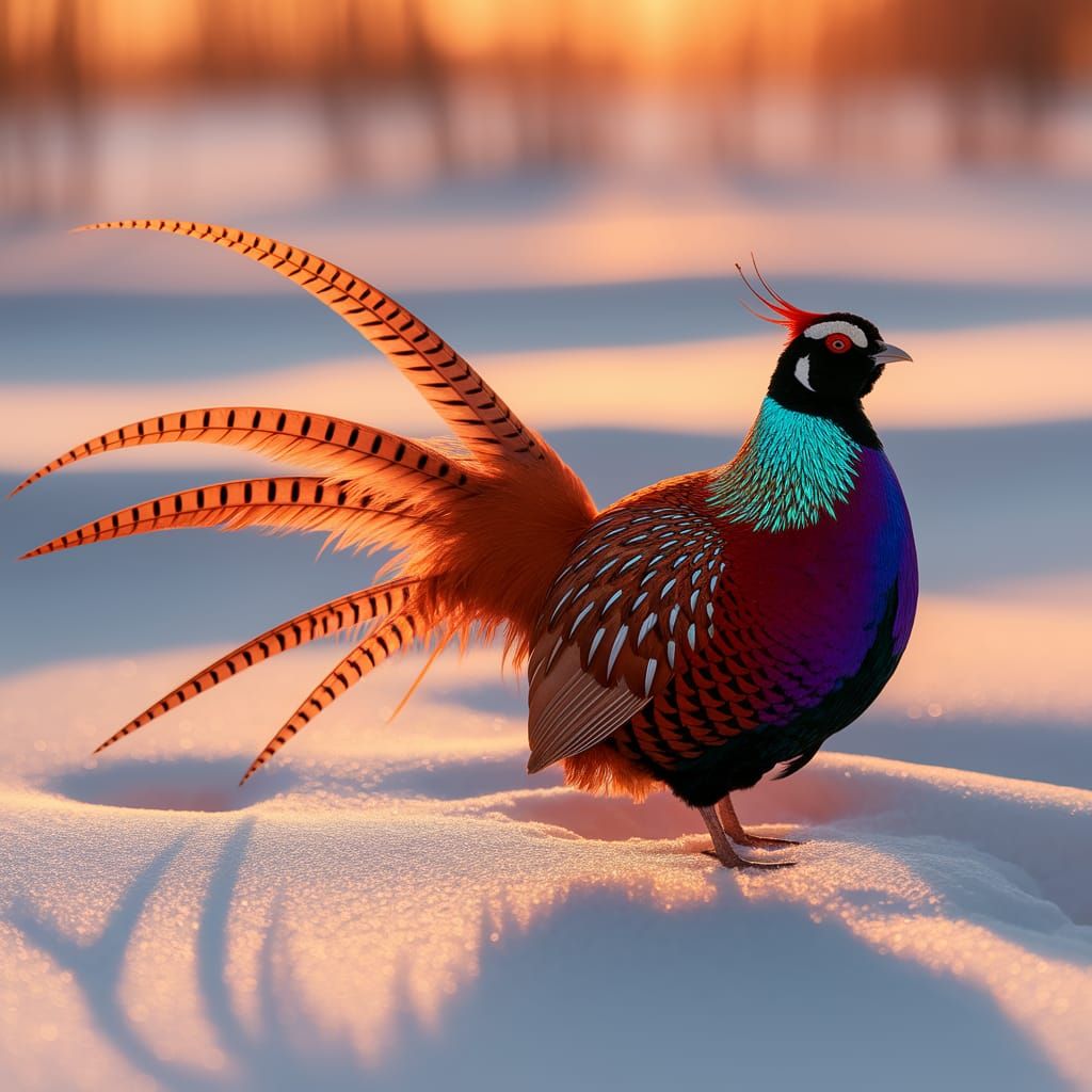 Majestic Pheasant in Winter Landscape at Sunset