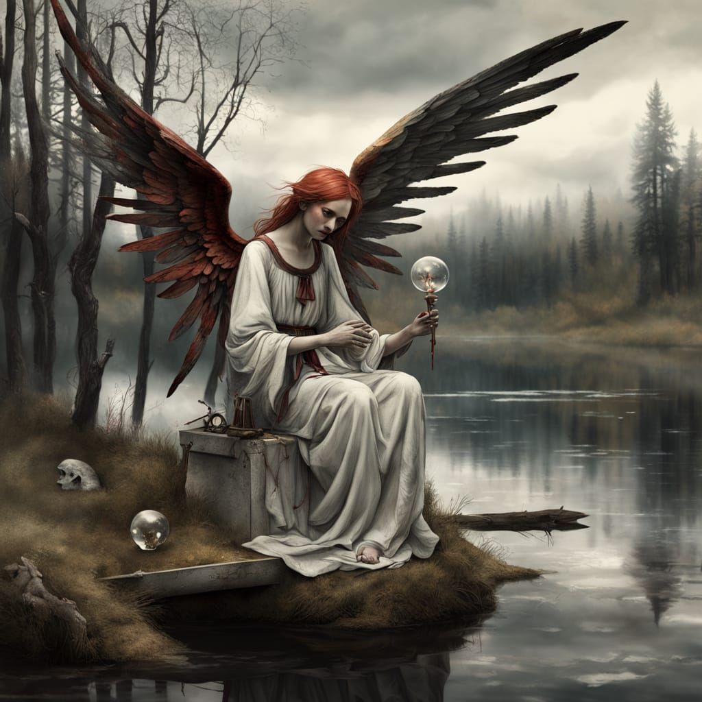 Sorrowful Angel Contemplates the Universe by a Nordic Lake