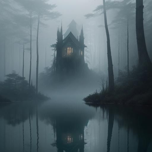 Eerie Ghost Reflection in Foggy Forest Pool