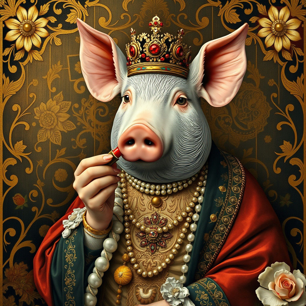 Regal Pig with Crimson Lipstick in Art Nouveau Style