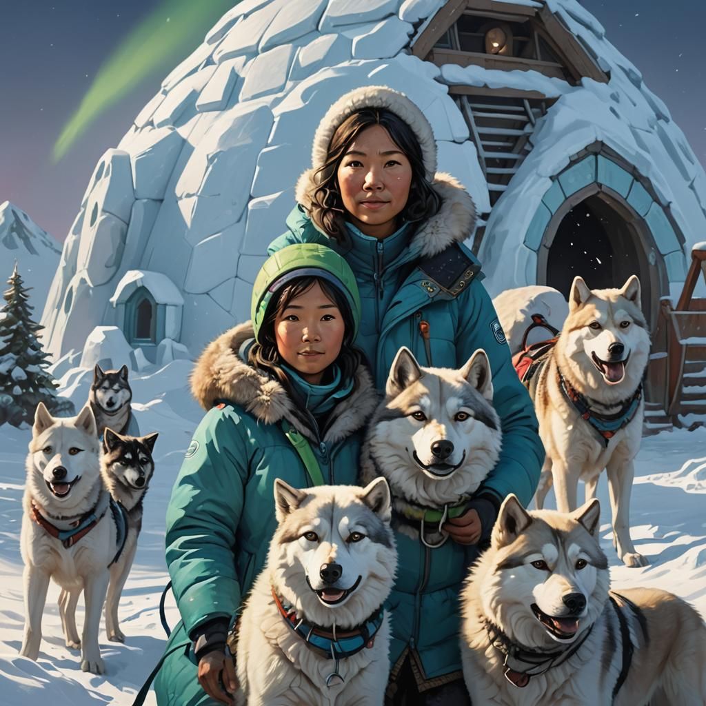 Inuit Woman and Child Portrait in Snow