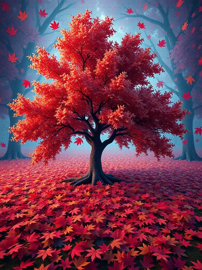 Majestic Maple Tree in Dreamlike Fantasy Landscape
