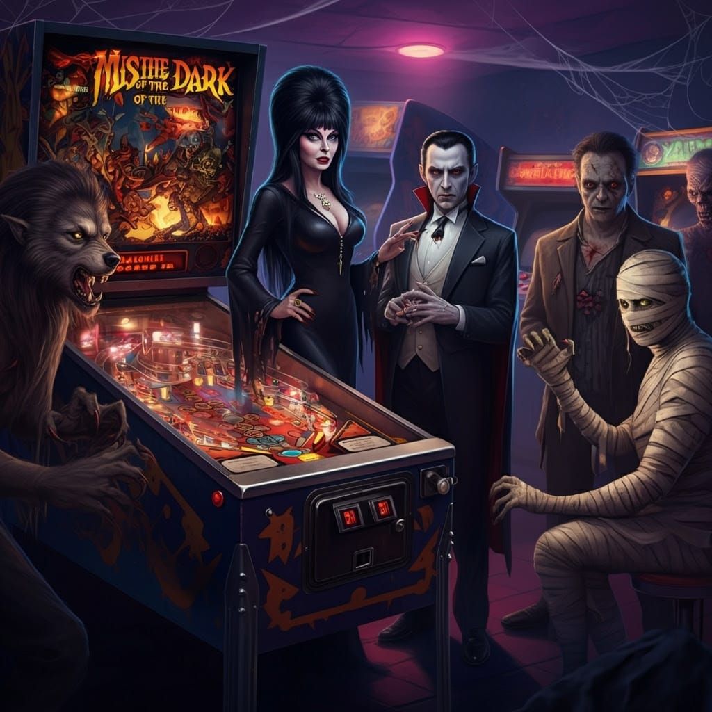 Spooky Pinball Arcade in Neon-Lit Darkness