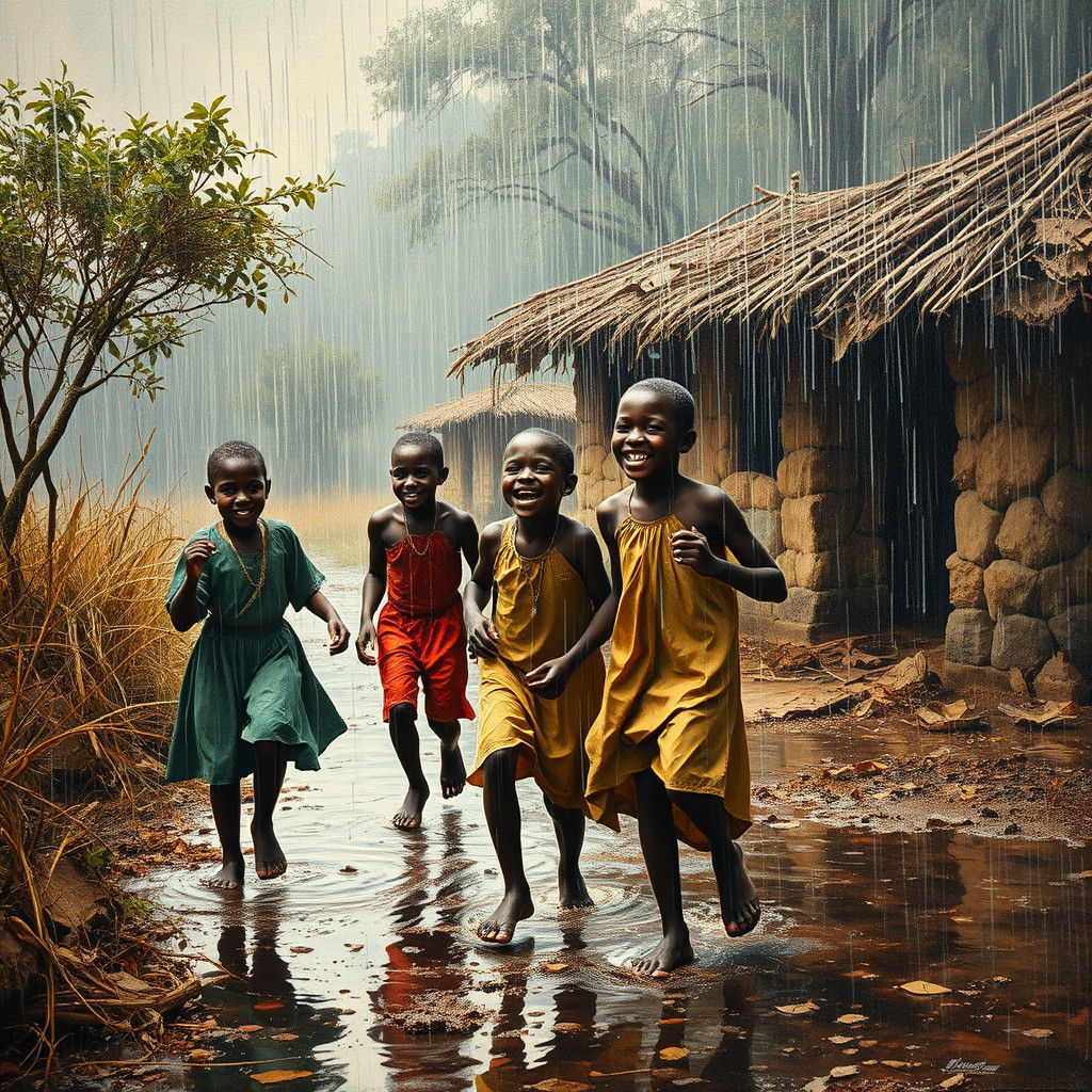 African Children Dancing in Rainy Village: Impasto Oil