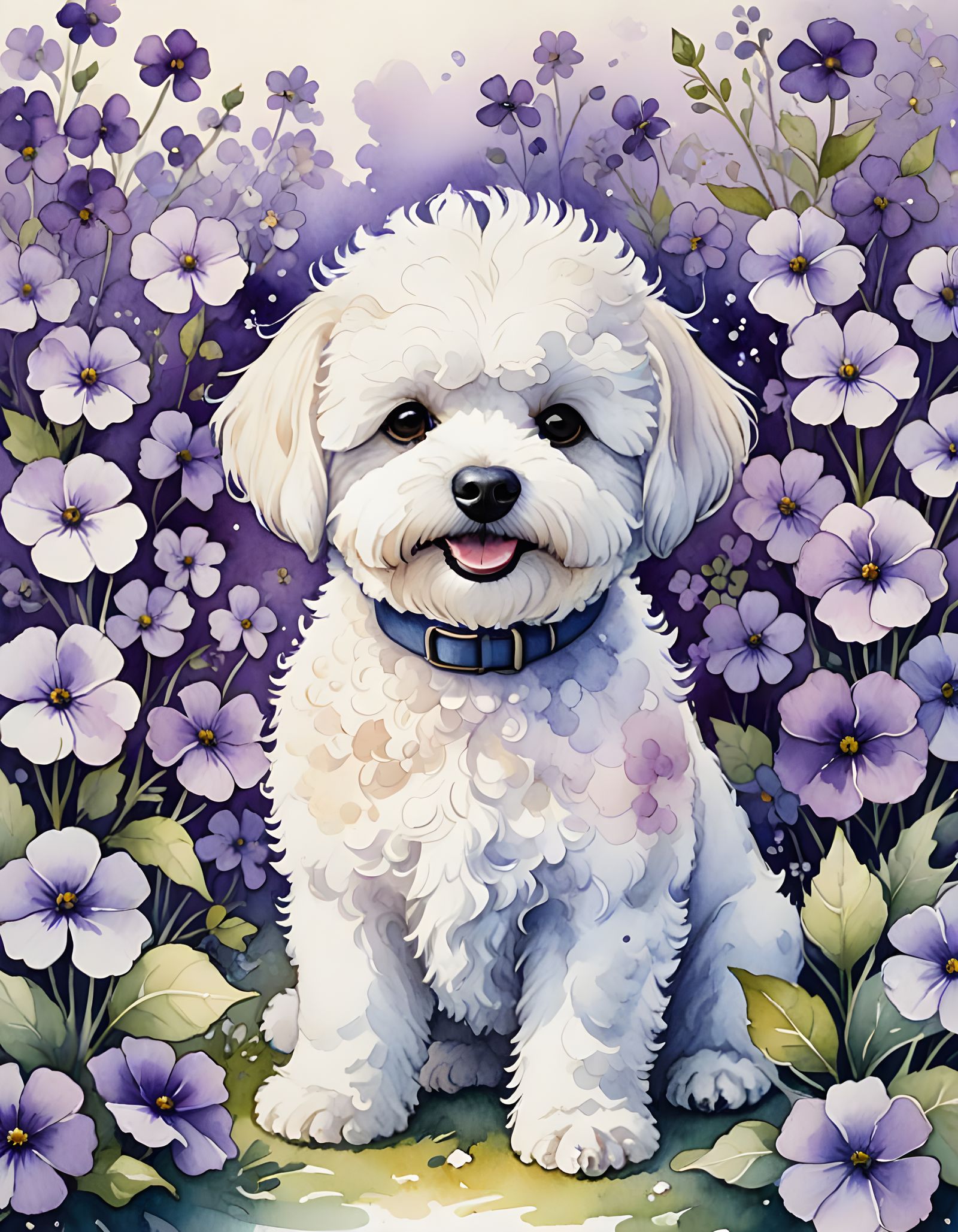 Bichon Maltese dog with violets