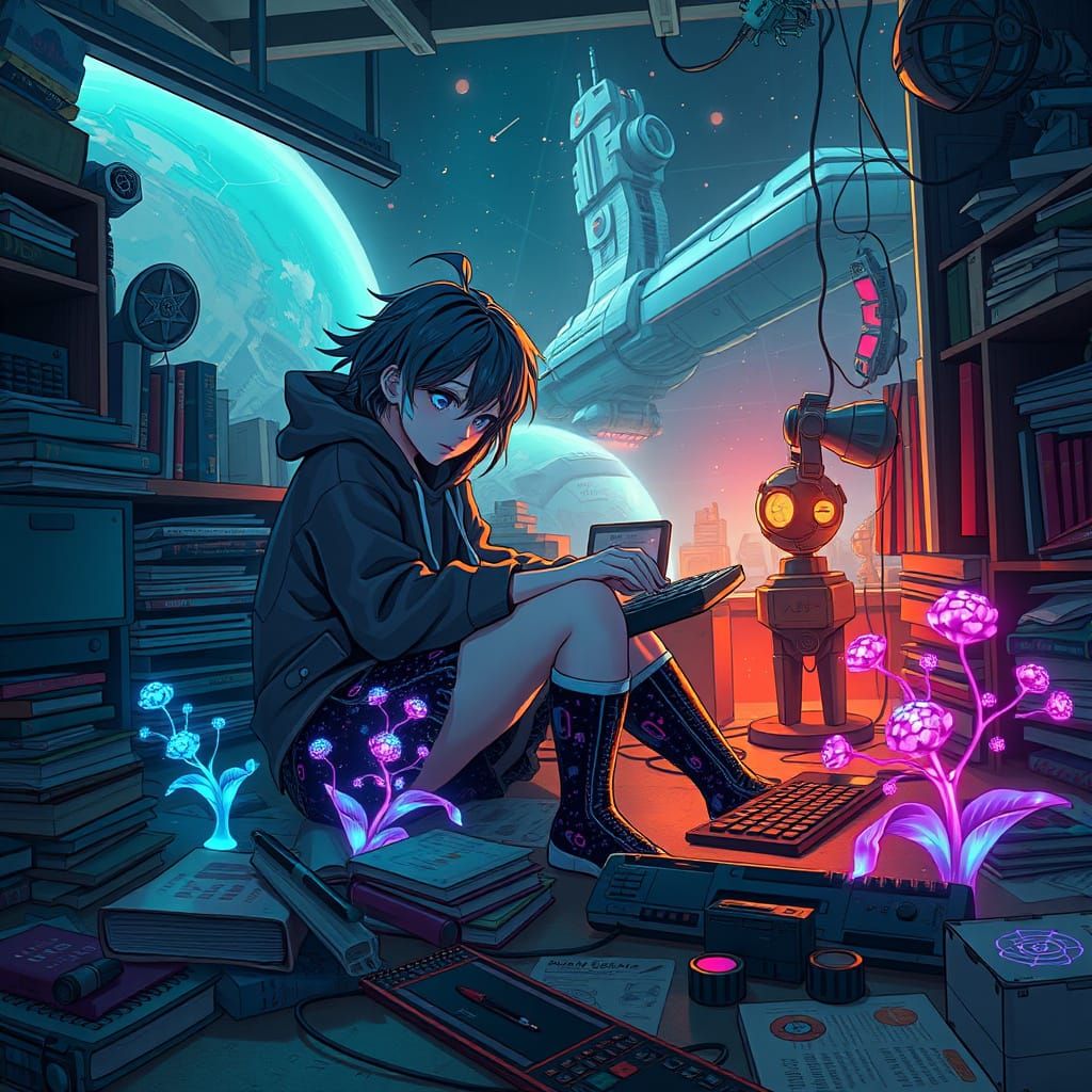 Girl in Cozy Study Surrounded by Gadgets and Spacecraft
