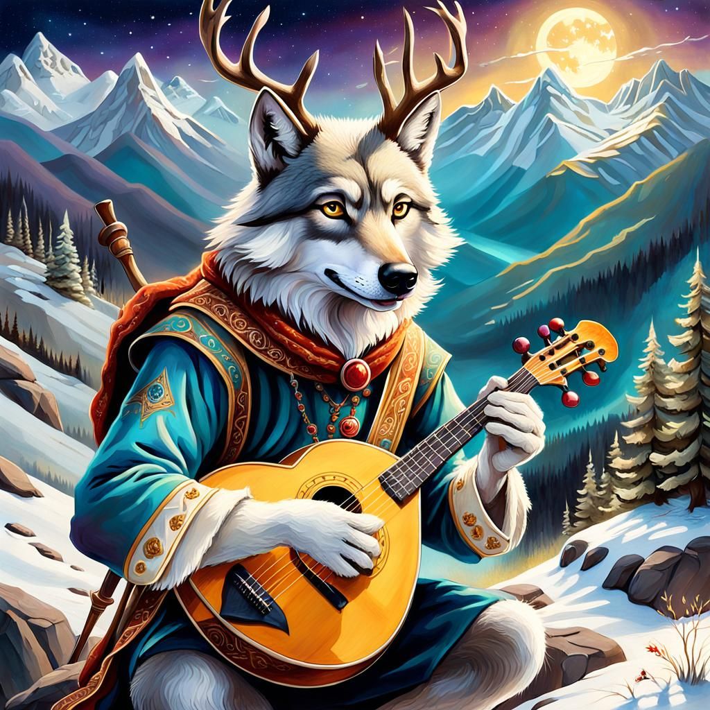 Enchanted Wolf Minstrel on a Celestial Mountain