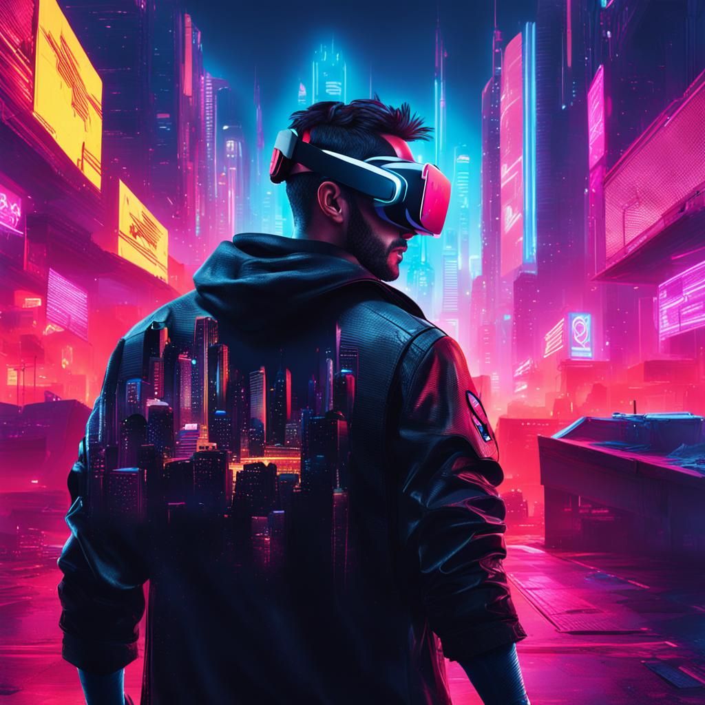 Man with VR Goggles in Cyberpunk City