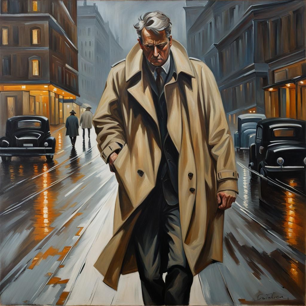 Somber Oil Painting of a Man Walking in Rain