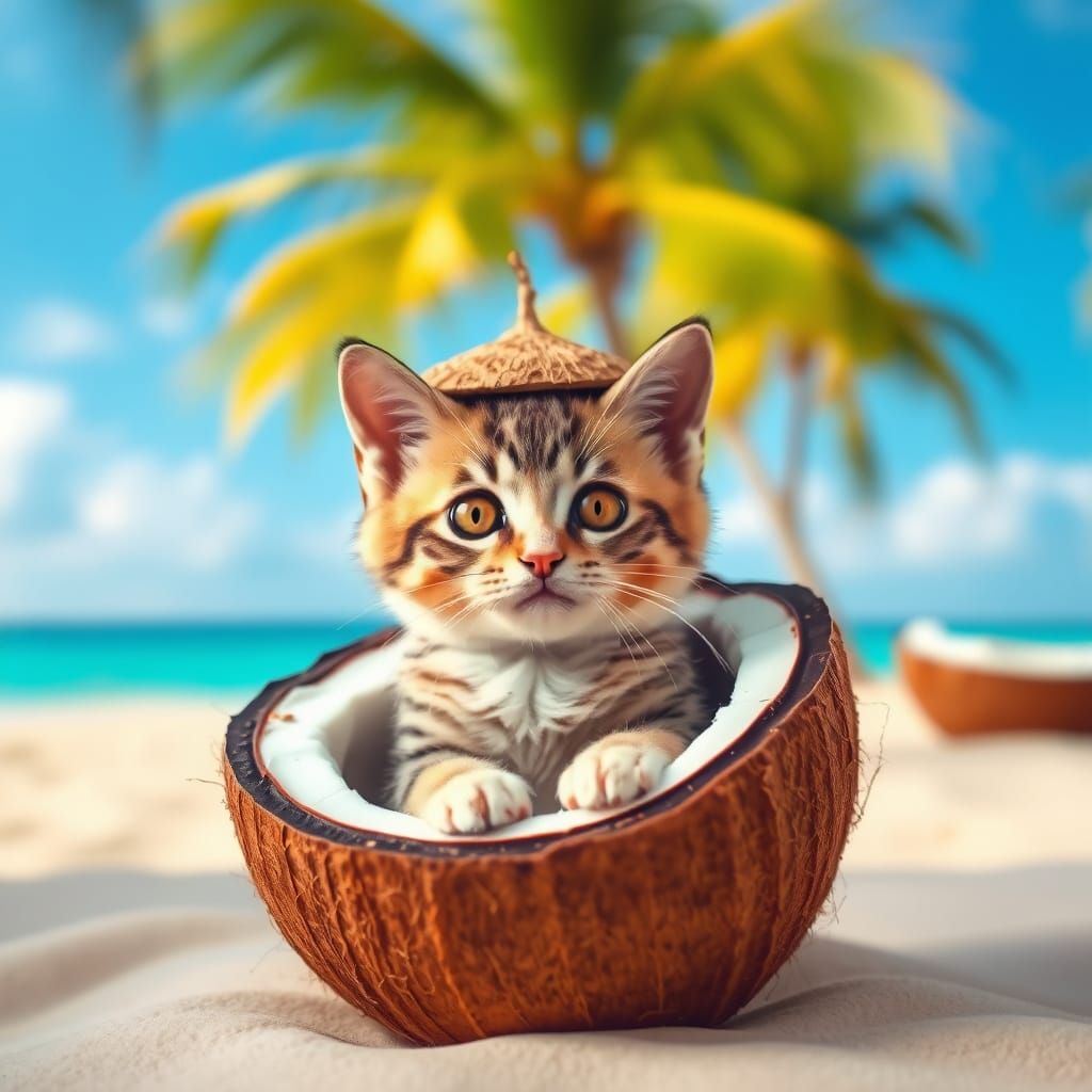 Whimsical Cat in Tropical Coconut Oasis