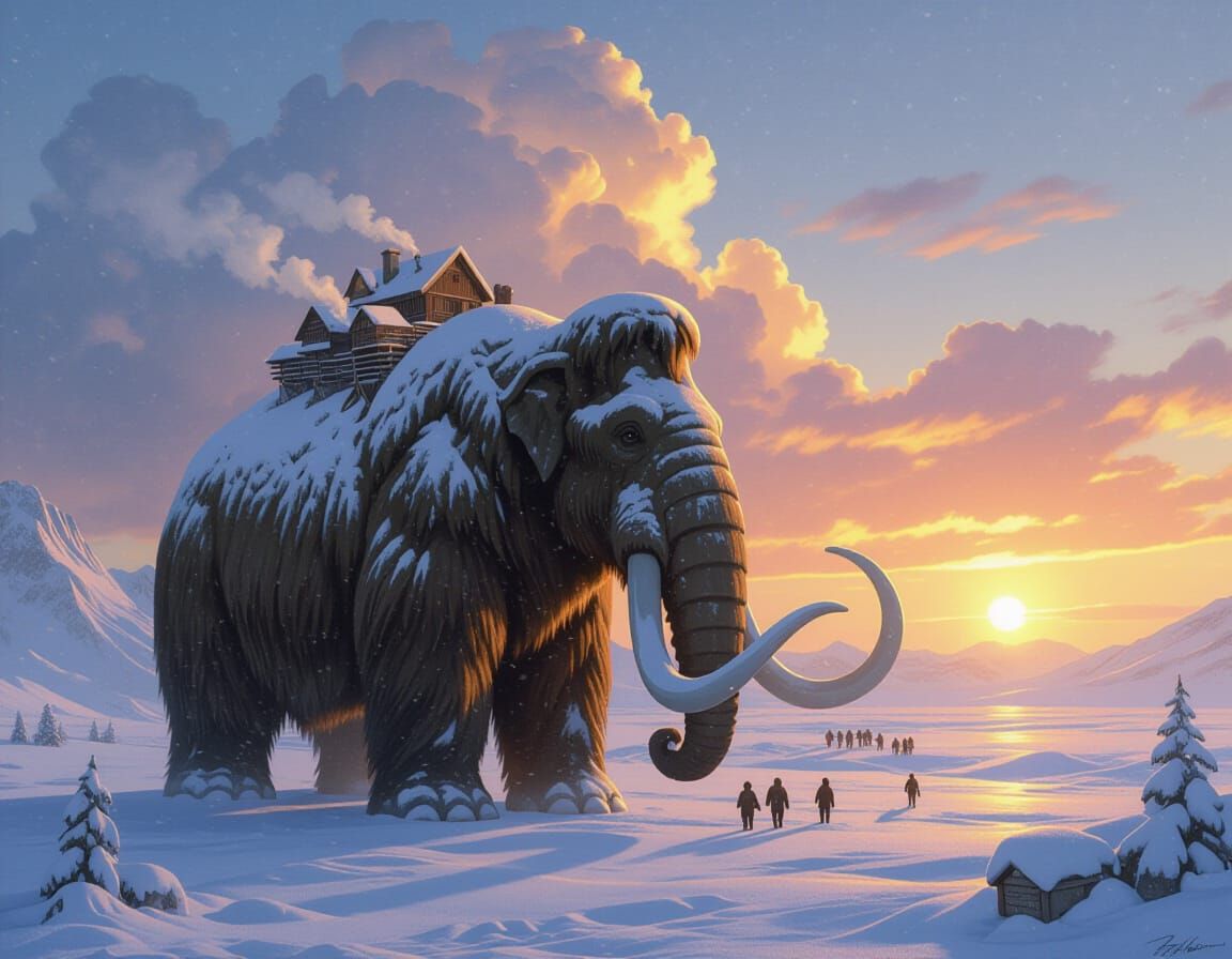 Gentle Mammoth Carries Ice Age Village Across Snowy Plain