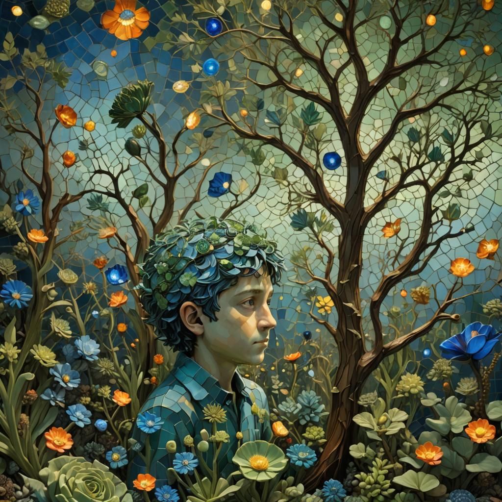 Little Prince with Blue Poppies in Hyperrealistic Splash Art
