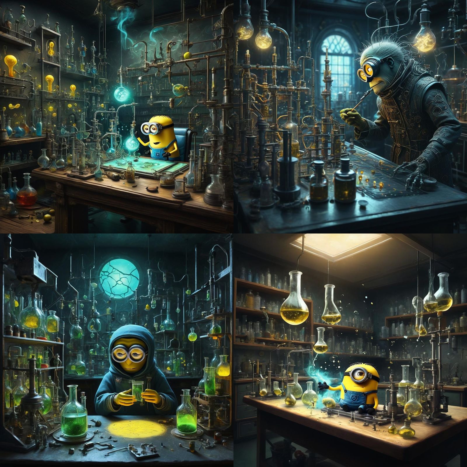 Surreal Minion in Hypnotic Chemistry Lab with Glowing Sparks