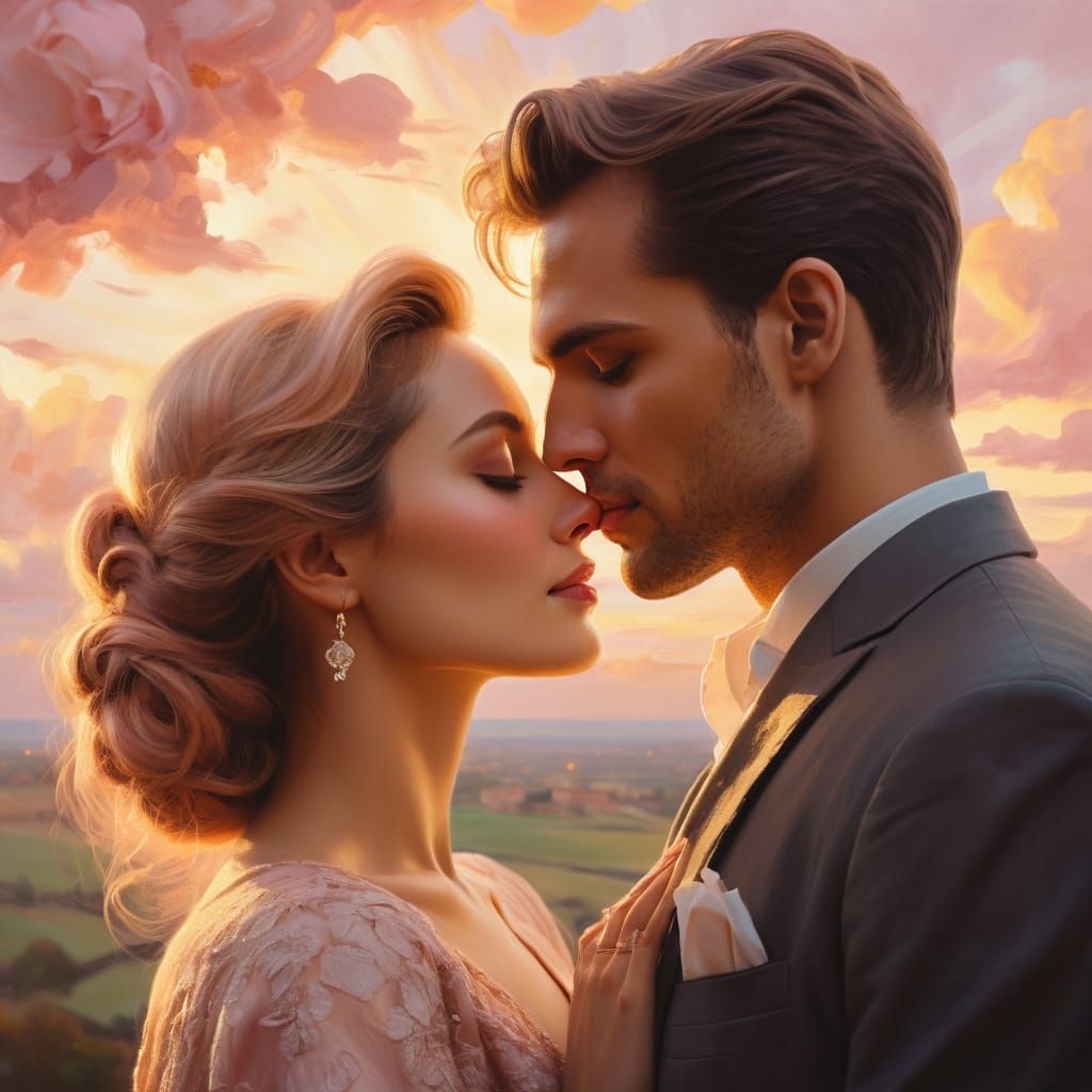 Romantic Couple's Embrace as Oil Painting