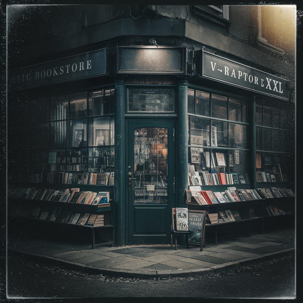Cinematic Bookstore Corner in Film Grain Style