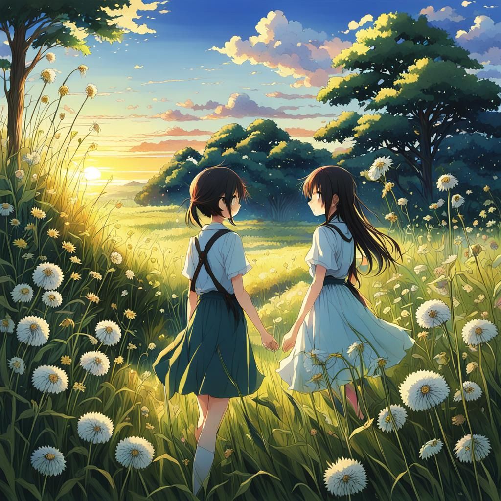 Summer Sunset Meadow in Anime Manga Style
