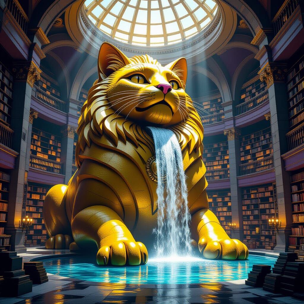 Ancient Library Inside Cat's Belly with Glowing Tomes