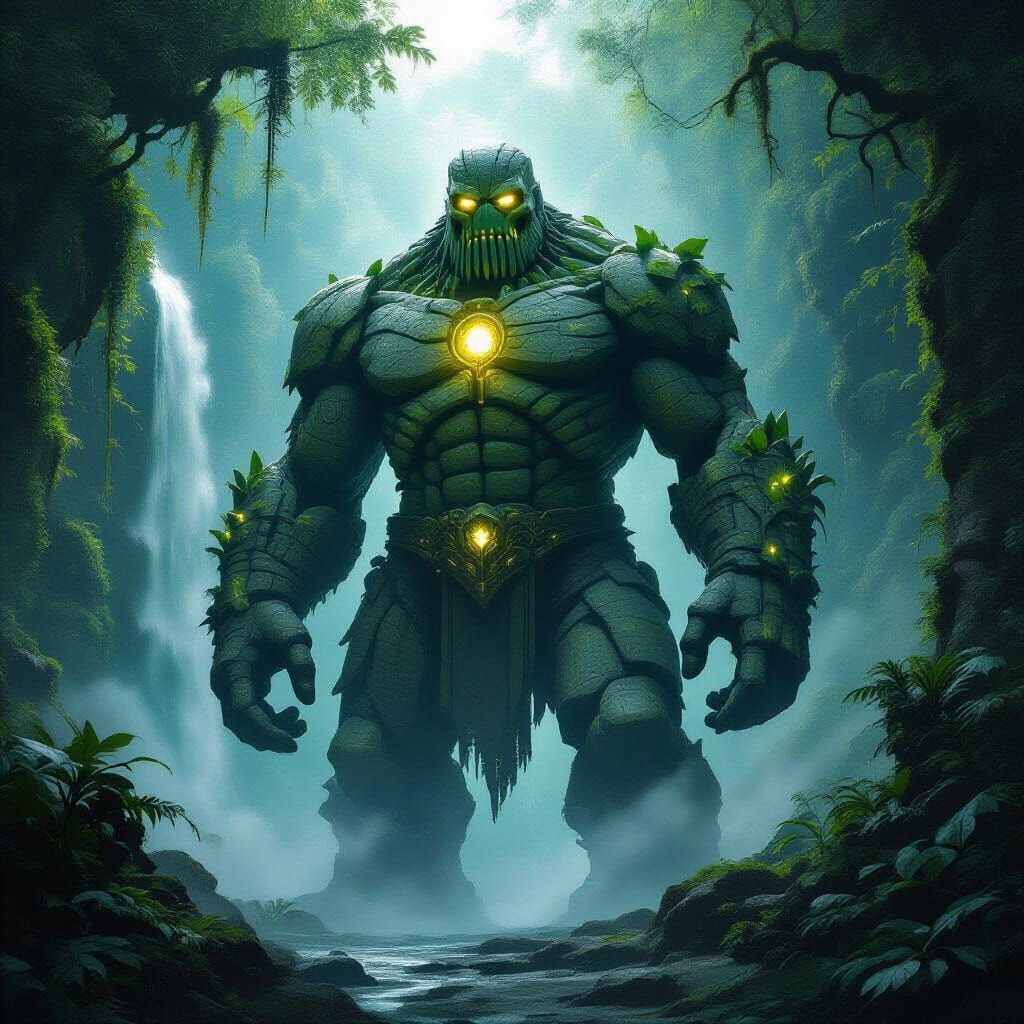 Ancient Stone Golem Guards Bioluminescent Waterfall