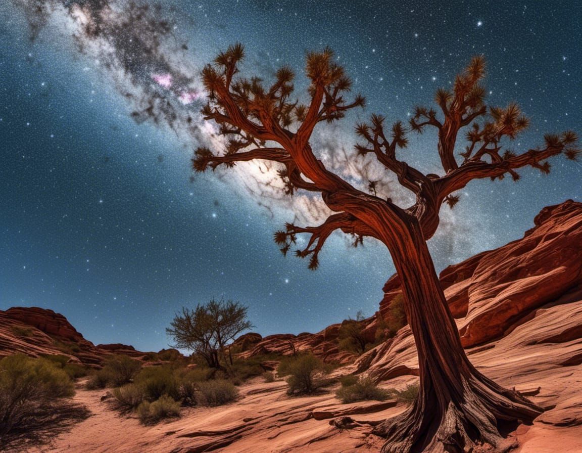 Starlit Red Rock Canyon with Lone Tree